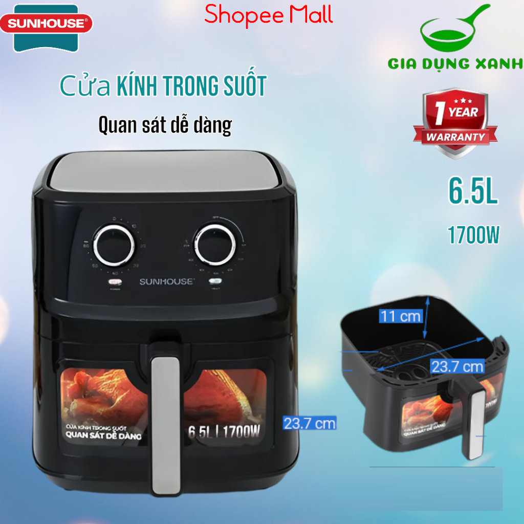 Nồi chiên không dầu SUNHOUSE  6.5L bảo hành chính hãng toàn quốc 12 tháng