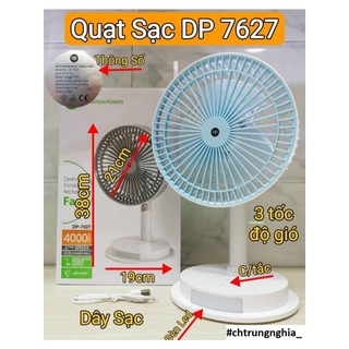 QUẠT SẠC CAO CẤP DP7627 CÓ ĐÈN LED CAO 38 CM | DUNG LƯỢNG PIN RỜI 4000Mah - 3 TỐC ĐỘ GIÓ 