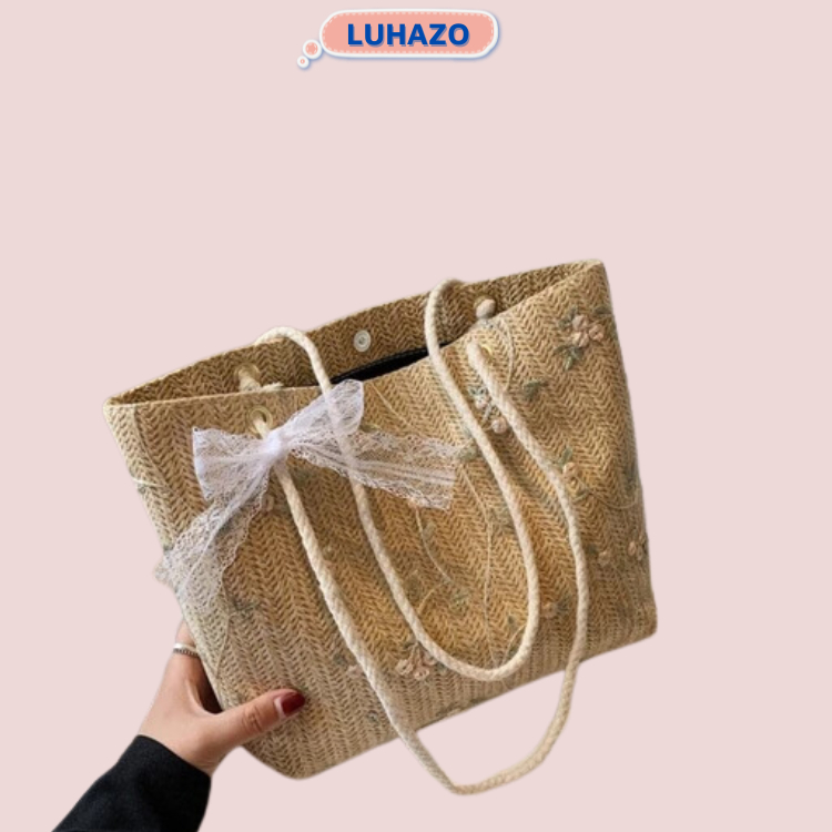 Túi cói  du lịch đi điển LUHAZO xinh xắn phối ren thêu họa tiết phong cách cá tính
