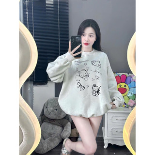 Áo Nỉ Sweater Cổ Tròn Dày Dặn Hoạ Tiết Hoạt Hình Dễ Thương Dáng Rộng Xám Xinh