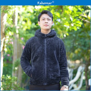 Áo Khoác lông cừu nam FALUMAR có mũ, áo khoác lông nam mùa đông lớp lông hai mặt dày dặn ấm áp giữ nhiệt tốt