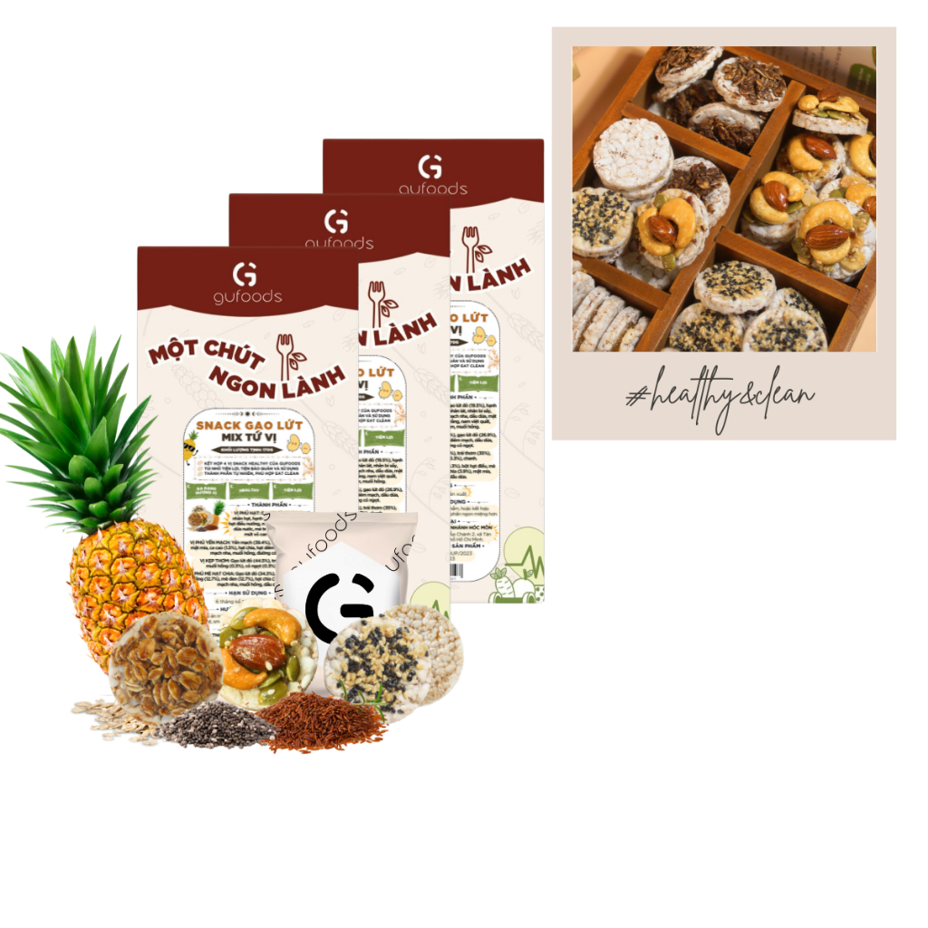 Combo 3 hộp Snack gạo lứt healthy mix tứ vị GUfoods (mỗi hộp 170g) - Hội tụ 4 vị snack ngon, Nạp nhanh năng lượng