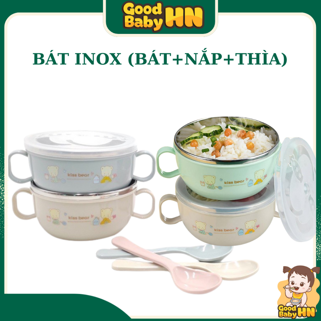 Bát Ăn Dặm Inox Cho Bé Hình Gấu Kèm Thìa Và Nắp ???