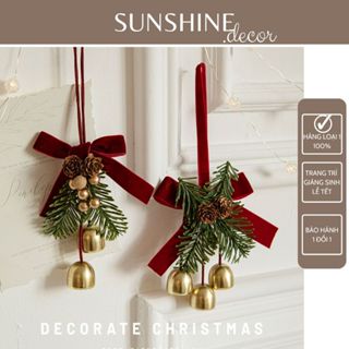 Chuông Giáng sinh nơ nhung, kẻ caro trang trí lễ hội Noel, treo cửa năm mới