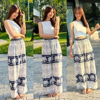  Quần dài ống rộng thổ cẩm họa tiết voi Thái vải lanh  Size 40 - 65kg  Nữ Ong Women Pants 