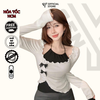 Set áo trễ vai tay dài đính nơ kèm áo yếm lót GenY áo kiểu nữ vạt chéo ôm body tôn dáng ADT15