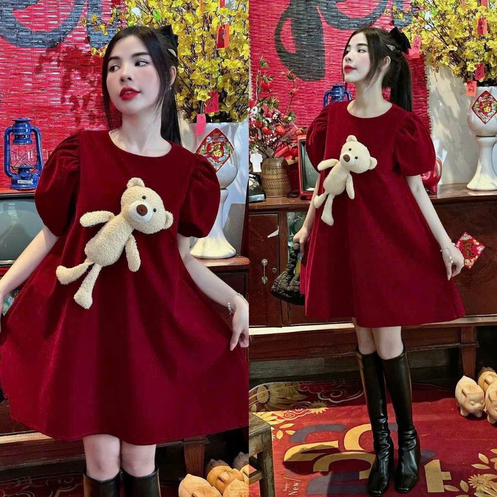 Đầm thiết kế form baybydoll dễ thương, đáng iu cho nàng đi chơi, đầm nhung đò cổ tròn tay bồng dáng 