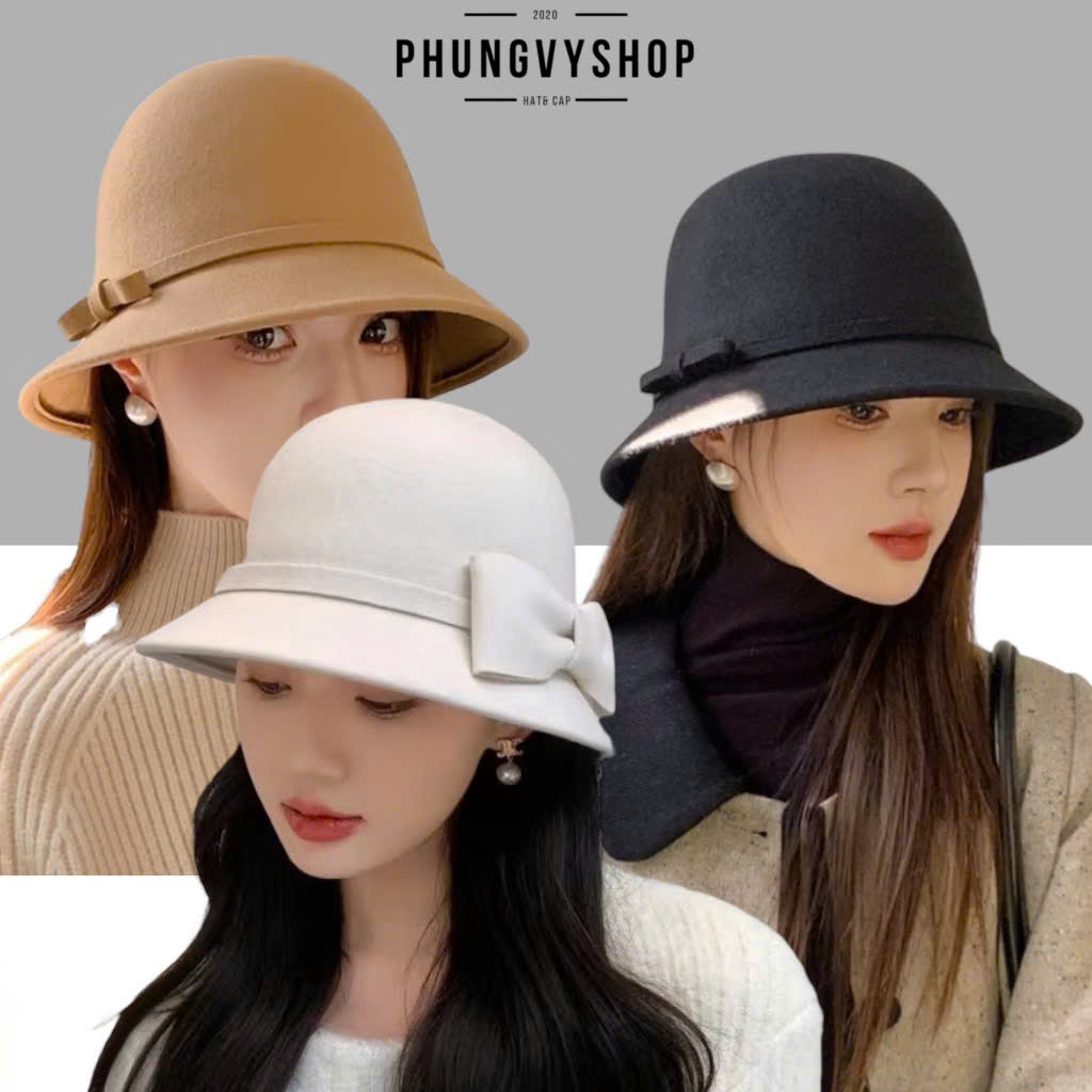  Mũ nón cối DẠ ÉP FORM CỨNG Gắn NƠ thu đông bụcket bèo vành phungvyshop 