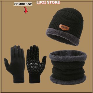 Bộ 3 mũ len nam nữ trùm đầu LUCI, Set 3 món nón len kèm khăn quàng cổ và găng tay giữ ấm mùa đông chống lạnh