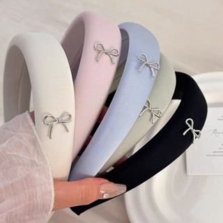 Bờm tóc xốp bản to pastel cho nữ đính nơ bạc B238