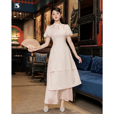 Áo dài nữ Twentyfive ngắn tay, tay bồng, cổ khoét giọt lệ, đính nhiều nơ ADM02 (Không kèm quần)