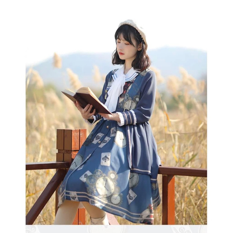 Váy đầm Lolita chính hãng brand With Puji váy xoè classic cổ điển tiểu thư tay dài hoạ tiết Alice in