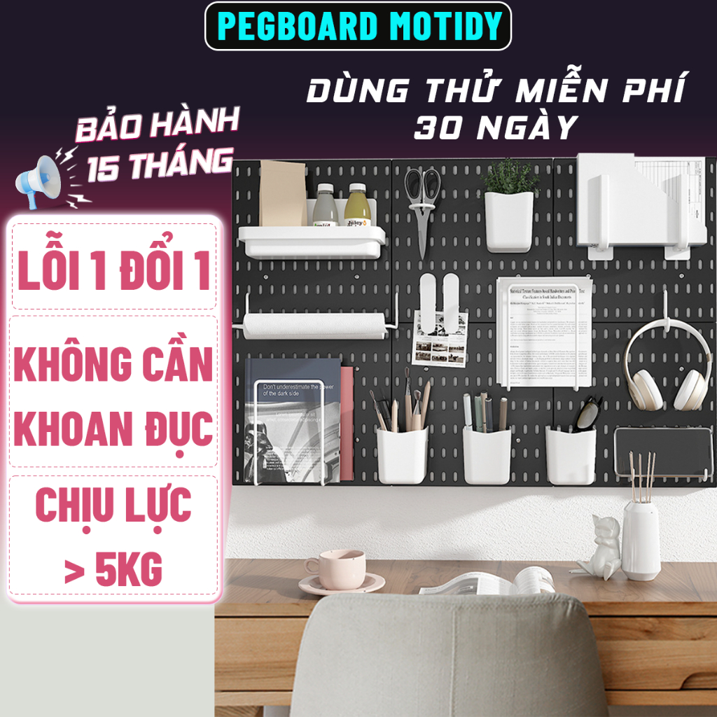 Bộ Kệ Bảng Pegboard Motidy Treo Tường Kèm Phụ Kiện Giá Khay Kẹp Móc Để Đồ Đa Năng, Dán Tường Không Cần Khoan Đục