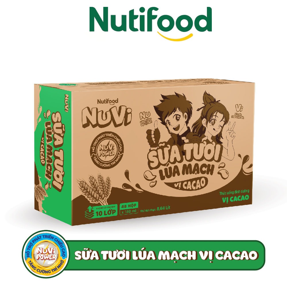 (MẪU MỚI) Thùng 48 hộp NuVi Sữa Tươi Lúa Mạch Vị Cacao 180ML/110ML - NUTIFOOD SHOP