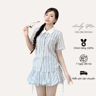 Set đồ nữ áo sơ mi kiểu kẻ sọc xanh mix chân váy bí phồng thêu chữ Linly Store SE-SM8