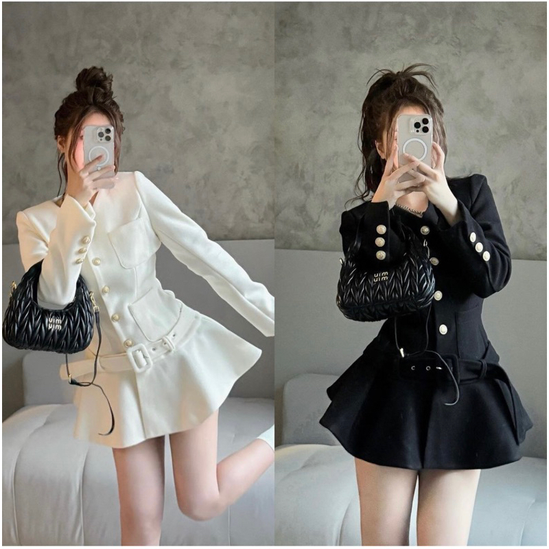 LALASTUDIO| Váy dạ ép dáng xòe cúc đồng kèm đai thắt eo tiểu thư, Váy dạ dáng ngắn có đệm vai tặng kèm đai váy ( Loại 1)