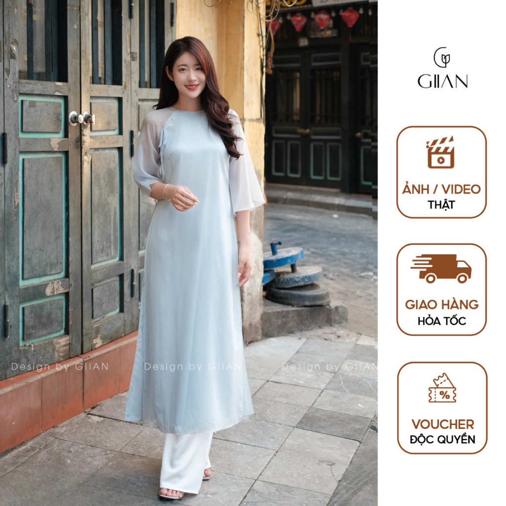 Áo dài cách tân nữ 4 tà Giian cổ tròn thiết kế dáng suông ngực thêu hoa thủ công tay loe cao cấp vải