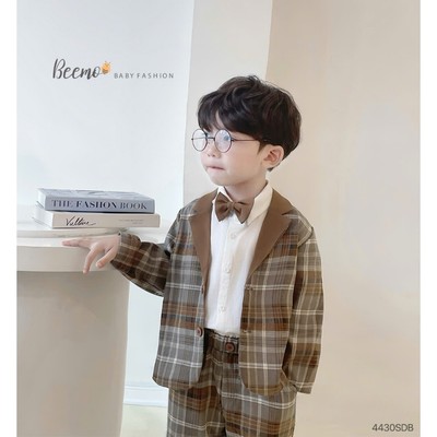 Set bộ vest ( không kèm áo) Beemo cho bé trai thiết kế kẻ ngang kèm nơ vải dạ kẻ mềm mại, mặc sự kiện, tết 4430SDB