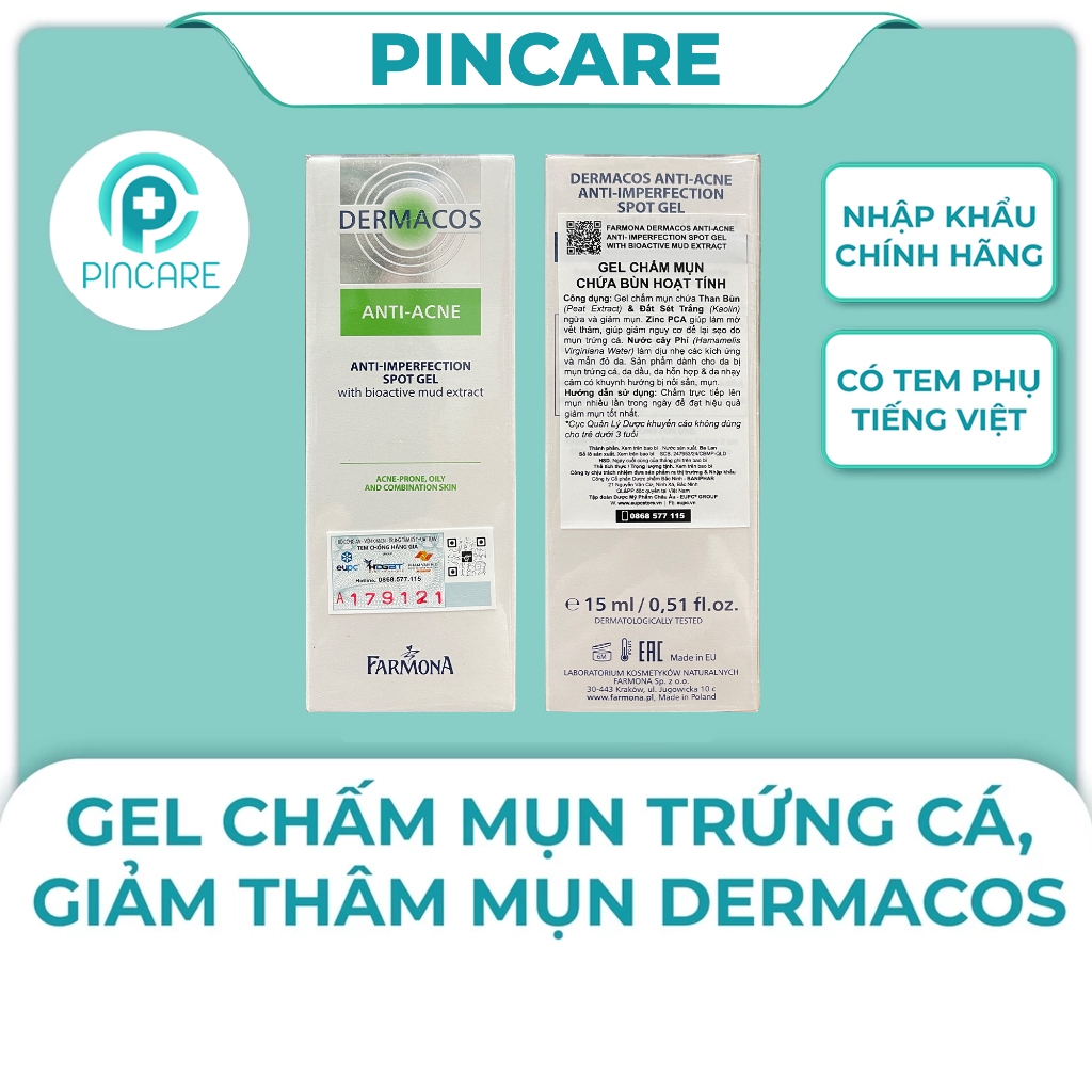 Gel chấm mụn giảm viêm Dermacos Anti Acne Anti Imperfection Spot Gel 15ml - Hàng chính hãng - Nhà thuốc PinCare