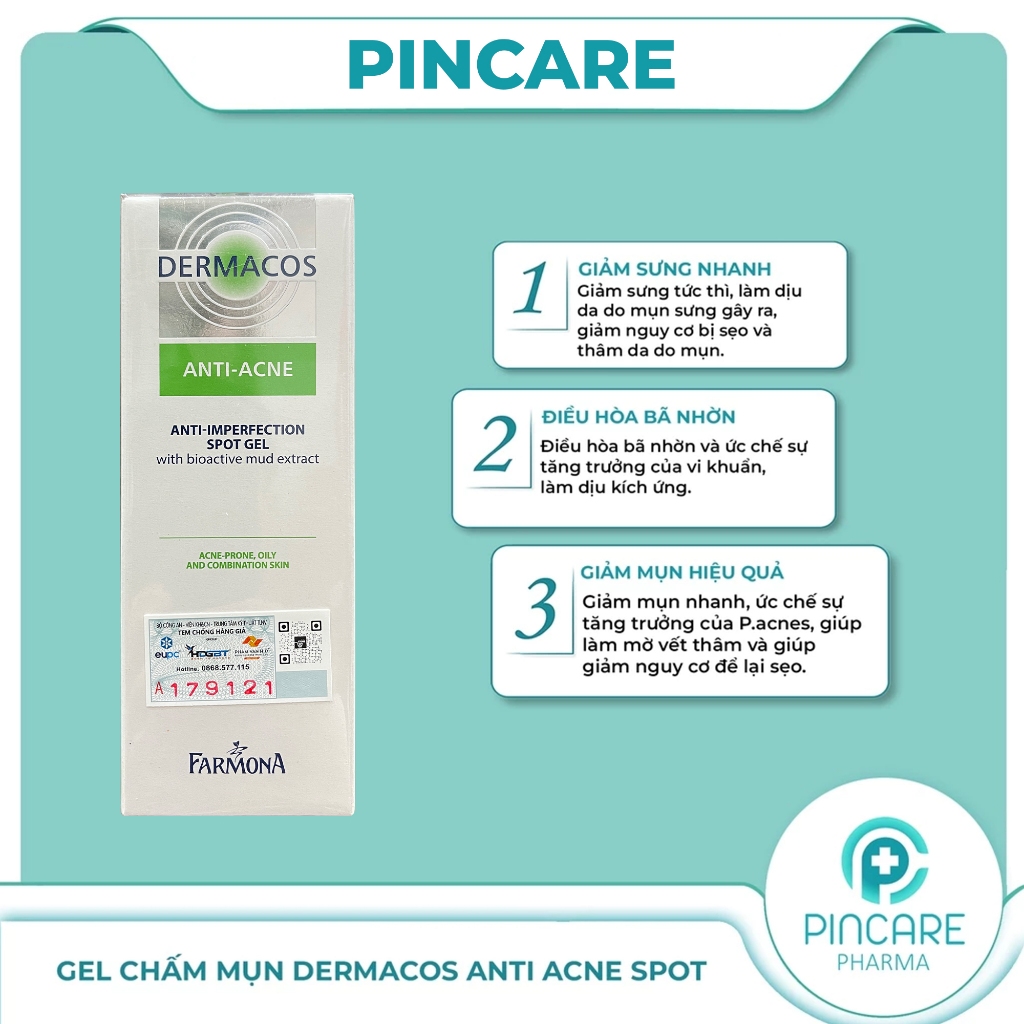 Gel chấm mụn giảm viêm Dermacos Anti Acne Anti Imperfection Spot Gel 15ml - Hàng chính hãng - Nhà thuốc PinCare