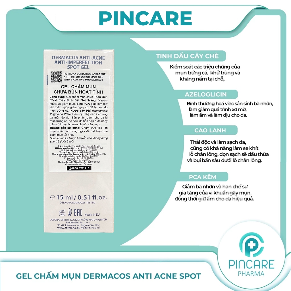 Gel chấm mụn giảm viêm Dermacos Anti Acne Anti Imperfection Spot Gel 15ml - Hàng chính hãng - Nhà thuốc PinCare