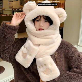 Mũ lông cừu nữ, mũ len lông cừu tai gấu NOVA kèm khăn quàng cổ, găng tay dài đẹp dễ thương phong cách Hàn Quốc