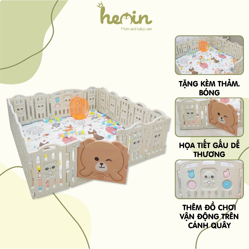 Quây Cũi Nhựa Gấp Gọn Hình Gấu Bear Chính Hãng Holla An Toàn Cho Bé Tặng Thảm, Bóng, Giỏ Đựng Bóng