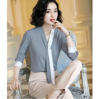 *Áo kiểu cổ khuyên tròn phong cách hiện đại phối màu sáng và chất mềm mịn