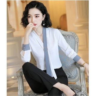 *Áo kiểu cổ khuyên tròn phong cách hiện đại phối màu sáng và chất mềm mịn