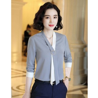 *Áo kiểu cổ khuyên tròn phong cách hiện đại phối màu sáng và chất mềm mịn