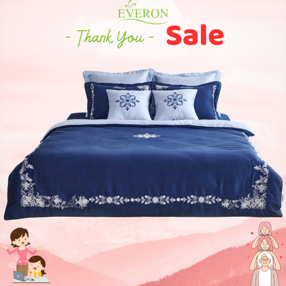 Bộ drap chăn ga gối Everon EST 21039 màu xanh than thêu hoa vải tencel cao cấp
