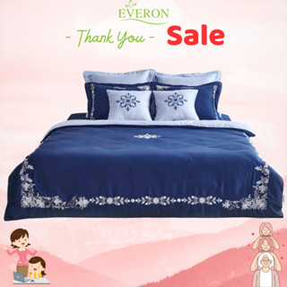 Bộ drap chăn ga gối Everon EST 21039 màu xanh than thêu hoa vải tencel cao cấp