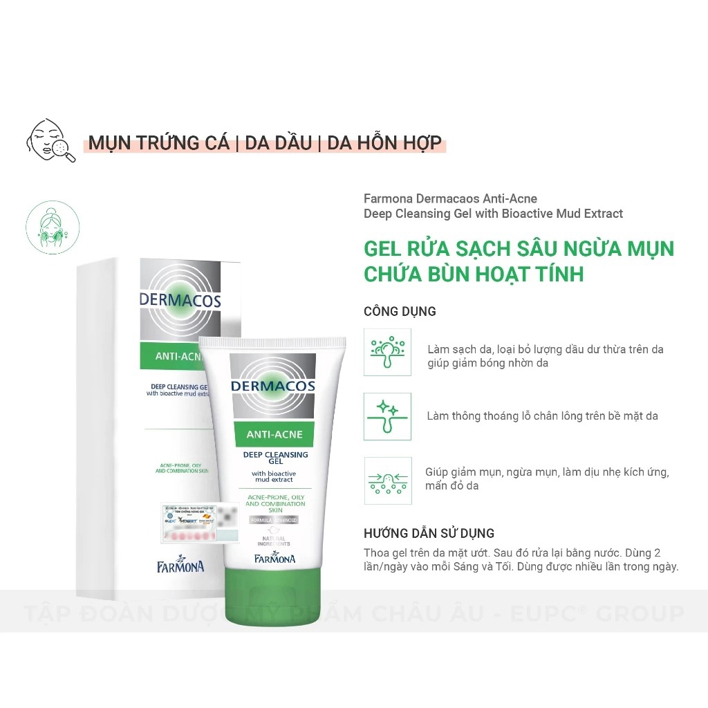 DERMACOS Sữa Rửa Mặt Farmona Dermacos Anti Acne Deep Cleansing Gel 150ml, Sạch Sâu Ngừa Mụn, Cho Da Dầu- Dr Thêm