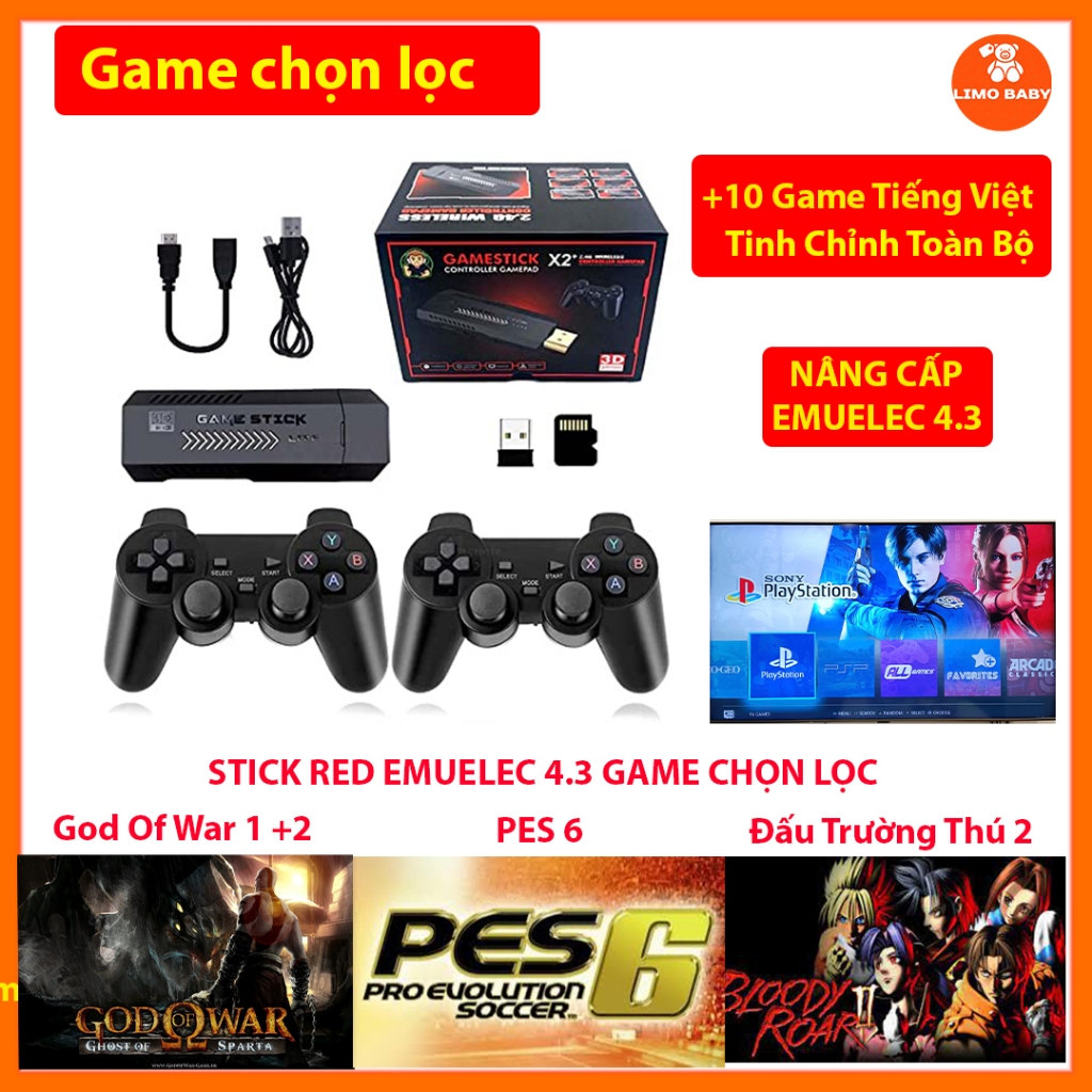 Máy Chơi Game Stick RED  HĐH Emuelec 4.3 Cài Sẵn Full Game Chọn Lọc - Tinh Chỉnh Chơi Mượt - Kèm 2 T