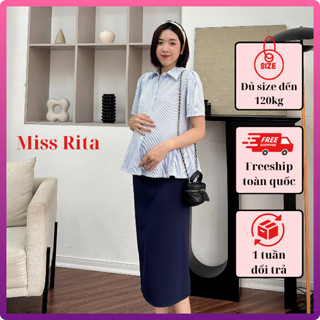 Chân váy bầu công sở dáng dài bigsize màu xanh than Chân váy bút chì có chun điều chỉnh đủ size đến 120kg Miss Rita