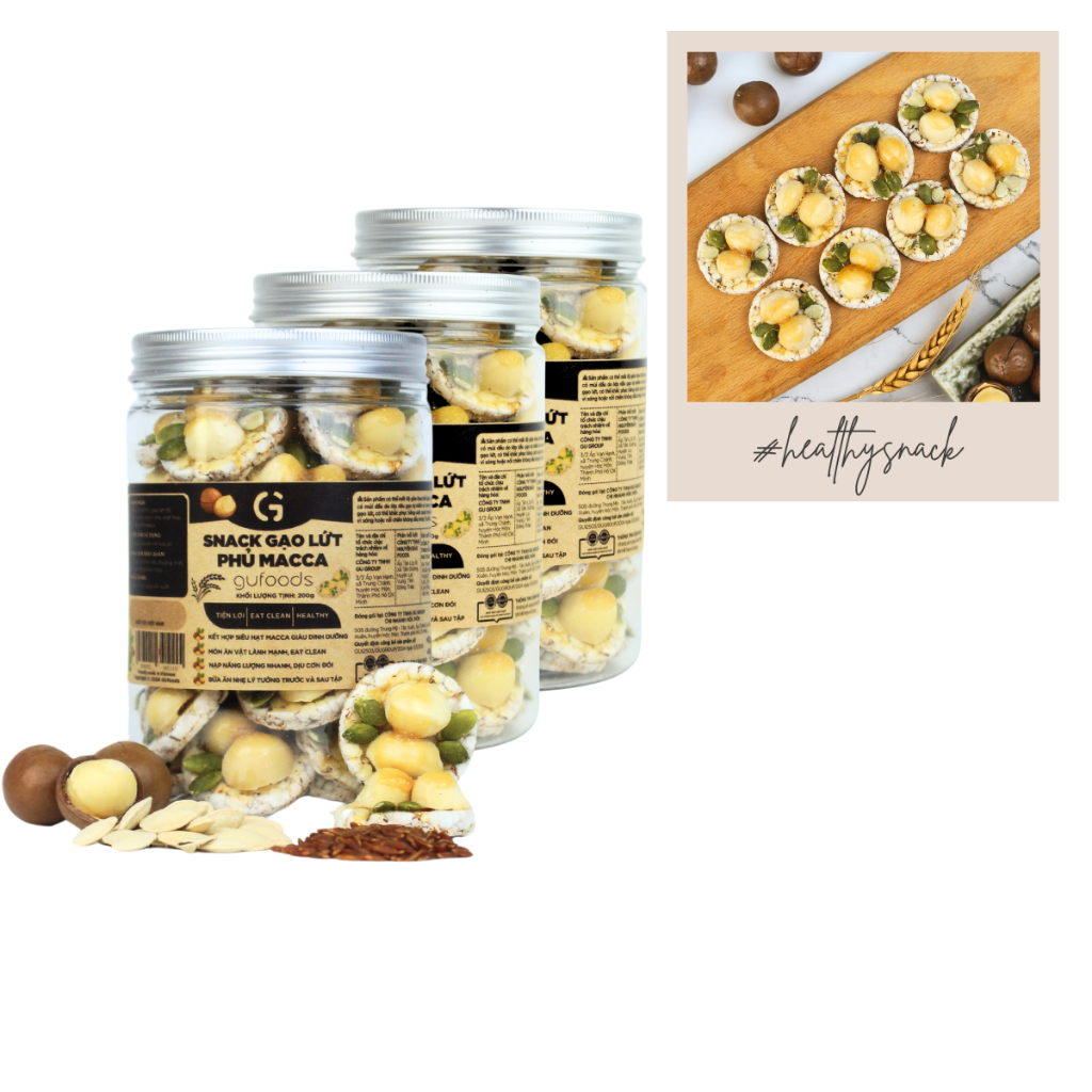 Combo 3 hũ Snack gạo lứt phủ macca GUfoods (mỗi hũ 200g) - Topping siêu hạt, Giàu dinh dưỡng, Healthy, Eat clean