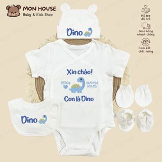 [Thêu Tên] Set Body suit ngắn tay có nút gài kèm tất tay tất chân, nón và yếm thêu tên cho bé vải cotton bé (mũ gấu)