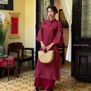 Áo dài khảm vân BÁCH ĐIỀN voan tơ phối đính nơ cúc ngọc kèm quần dài satin HAVANA AD110