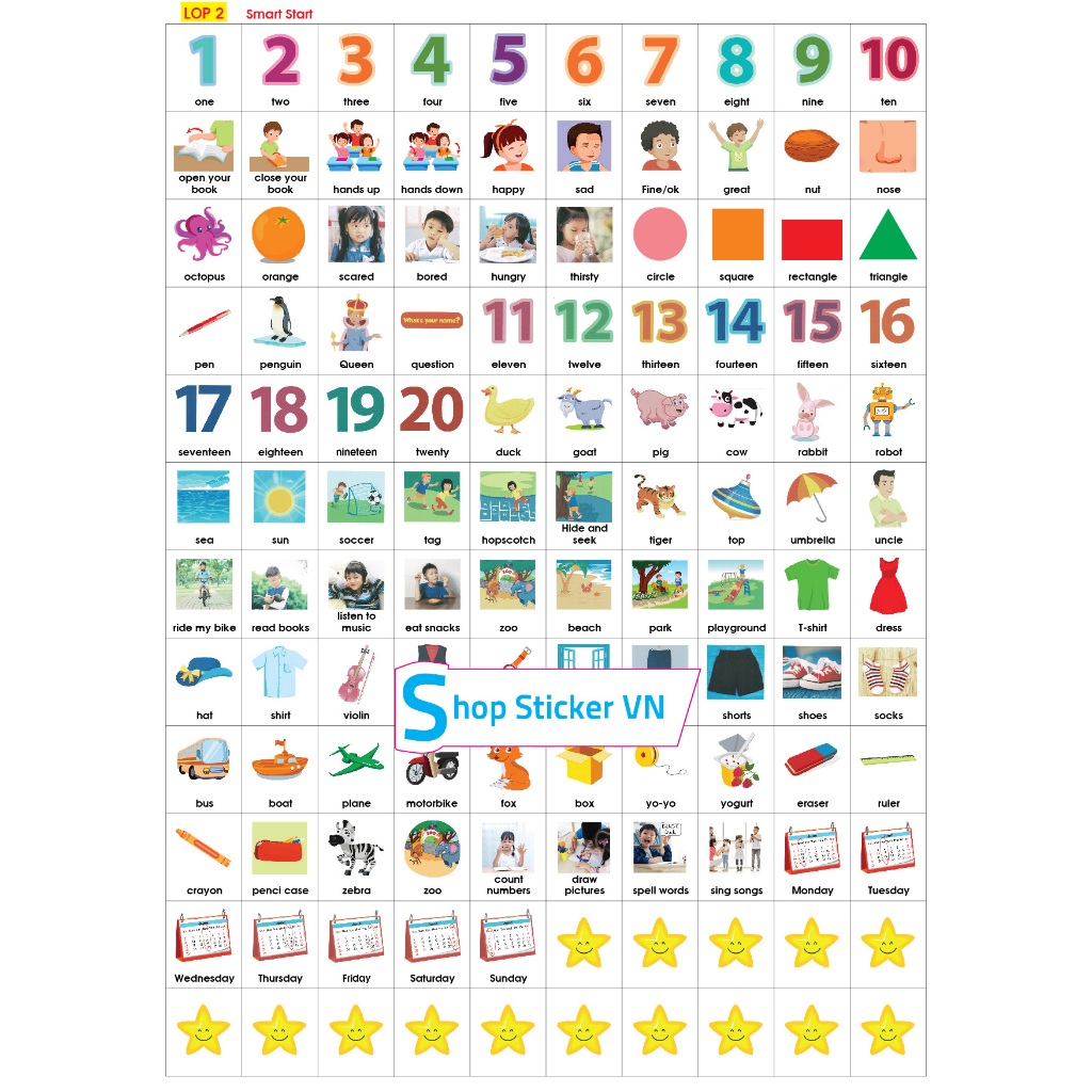 Sticker tiếng anh lớp 2- Smart Start 2