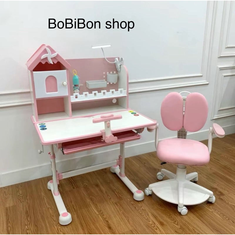 Bộ bàn học sinh BH06 - Bàn học sinh chống gù, chống cận,  có kệ sách mới, ghế xoay 360 độ có bánh xe