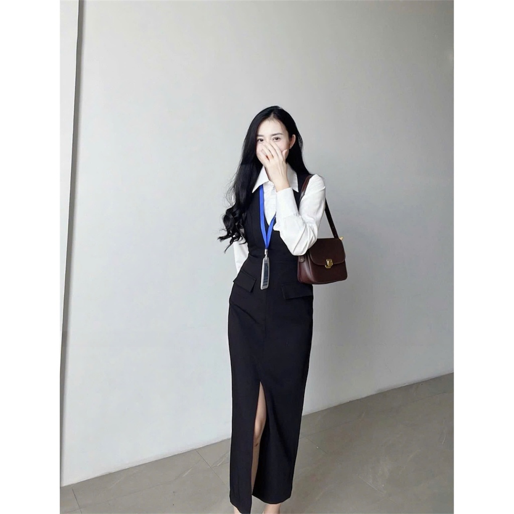 Đầm váy nữ dáng dài cổ V xẻ tà mix áo sơ mi, Set bộ đồ nữ áo sơ mi mix váy cổ V dáng dài chiết eo sẻ tà basic