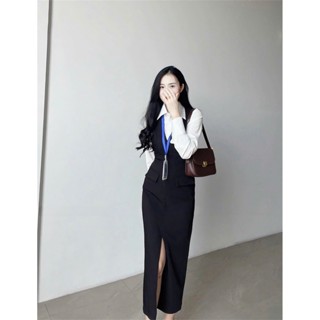 Đầm váy nữ dáng dài cổ V xẻ tà mix áo sơ mi, Set bộ đồ nữ áo sơ mi mix váy cổ V dáng dài chiết eo sẻ tà basic