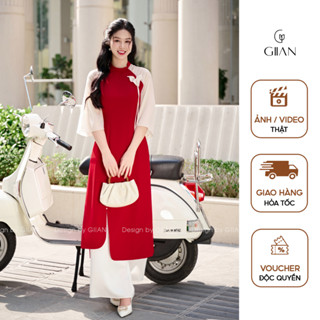 Áo dài cách tân nữ đẹp Giian thiết kế cổ tròn tay loe trẻ trung đính hồ điệp vải trượt cao cấp đi chơi, đi dạy AD0616