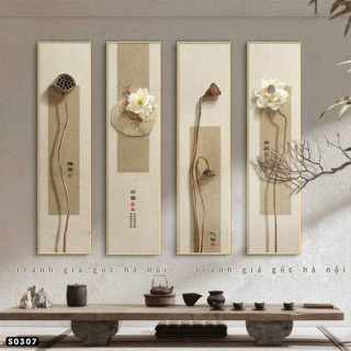 Mới về - Bộ 4 tranh hoa sen canvas cổ kính đã có khung nhiều mẫu trang trí phòng khách phòng trà phòng thờ