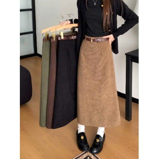   ORDER- sẵn nâu M,L  Chân váy nhung dáng dài chữ A kèm đai lưng  thu đông Hàn Quốc trẻ trung vintage hàng QC cao 