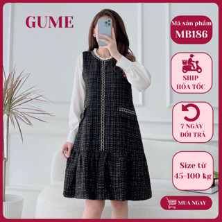  Váy bầu thu đông bigsize 40-130kg Đầm bầu thiết kế GuMe dạ tweed màu Đen dáng đuôi cá dây dọc phối tay trắng MB186 