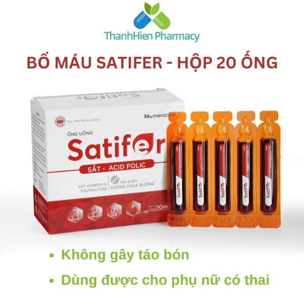 Ống uống SATIFER- Hộp 20 ống bổ sung sắt vị ngọt Cacao, dễ uống, không tanh