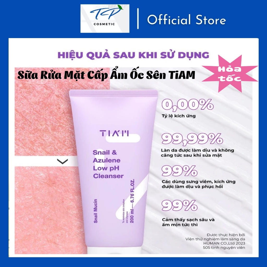 Sữa Rửa Mặt Ốc Sên TIAM Snail & Azulene Low pH Cleanser 200ml, Sữa rửa mặt cấp ẩm sâu, không khô da