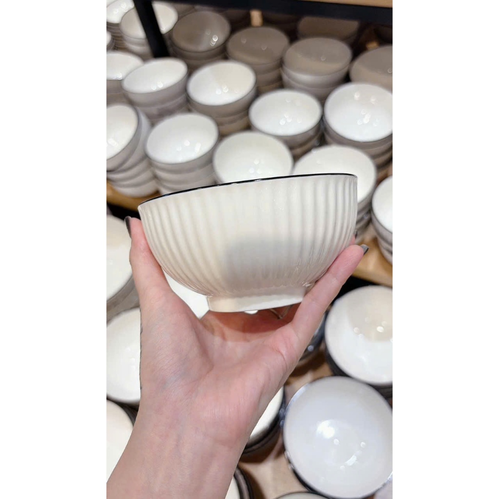 Set 10 Bát Ăn Cơm Sứ Trắng Viền Đen, Chén Ăn Cơm Bát Sứ Trắng Mẫu Mới, Chén Trắng Trơn