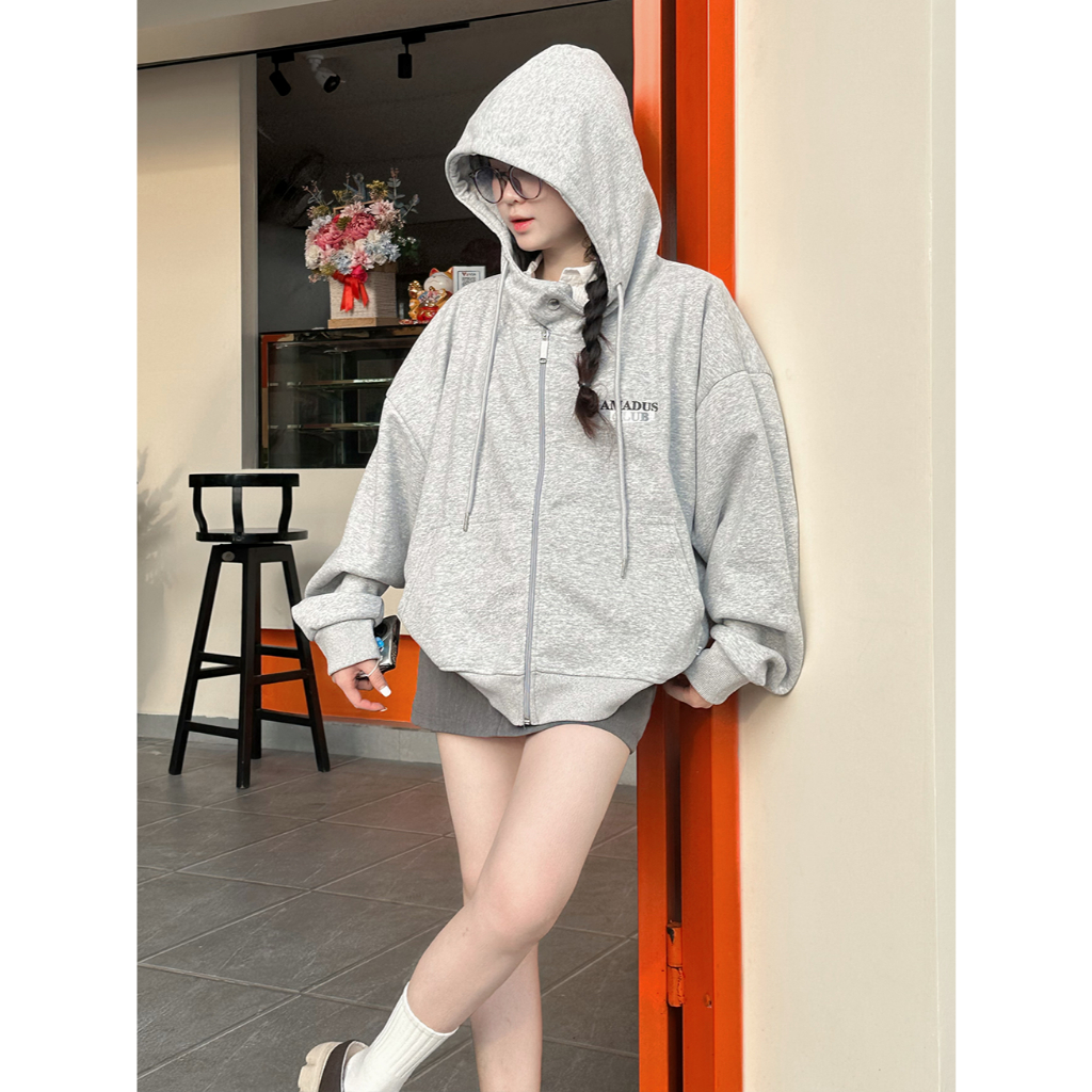 Áo khoác HOODIE ZIP BOXY NỈ 2 DA AMADUS nút bấm, dập nổi, in kim tuyến, có túi trong UNISEX NAM NỮ | BigBuy360 - bigbuy360.vn
